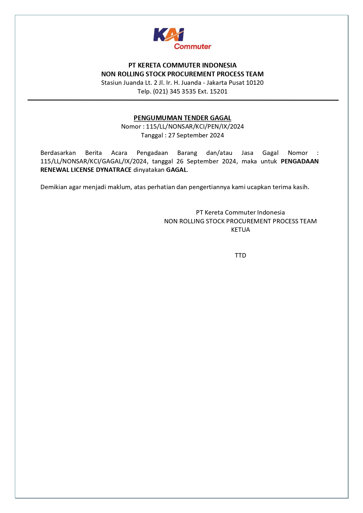 7 pengumuman tender gagal 115 pengadaan renewal license dynatrace page 0001